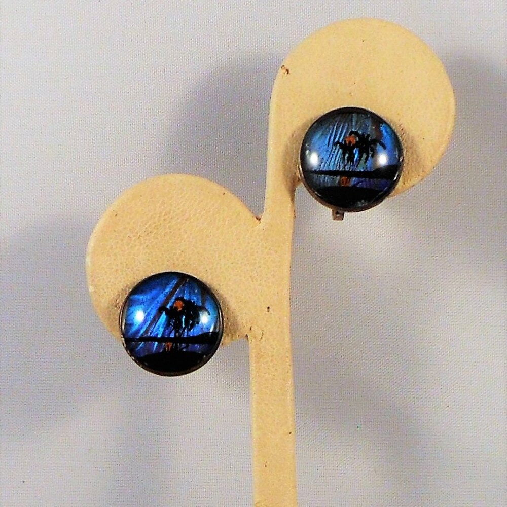 Vintage Sterling Morpho Butterfly Wing Screw Back Earrings Hand Painted Scene